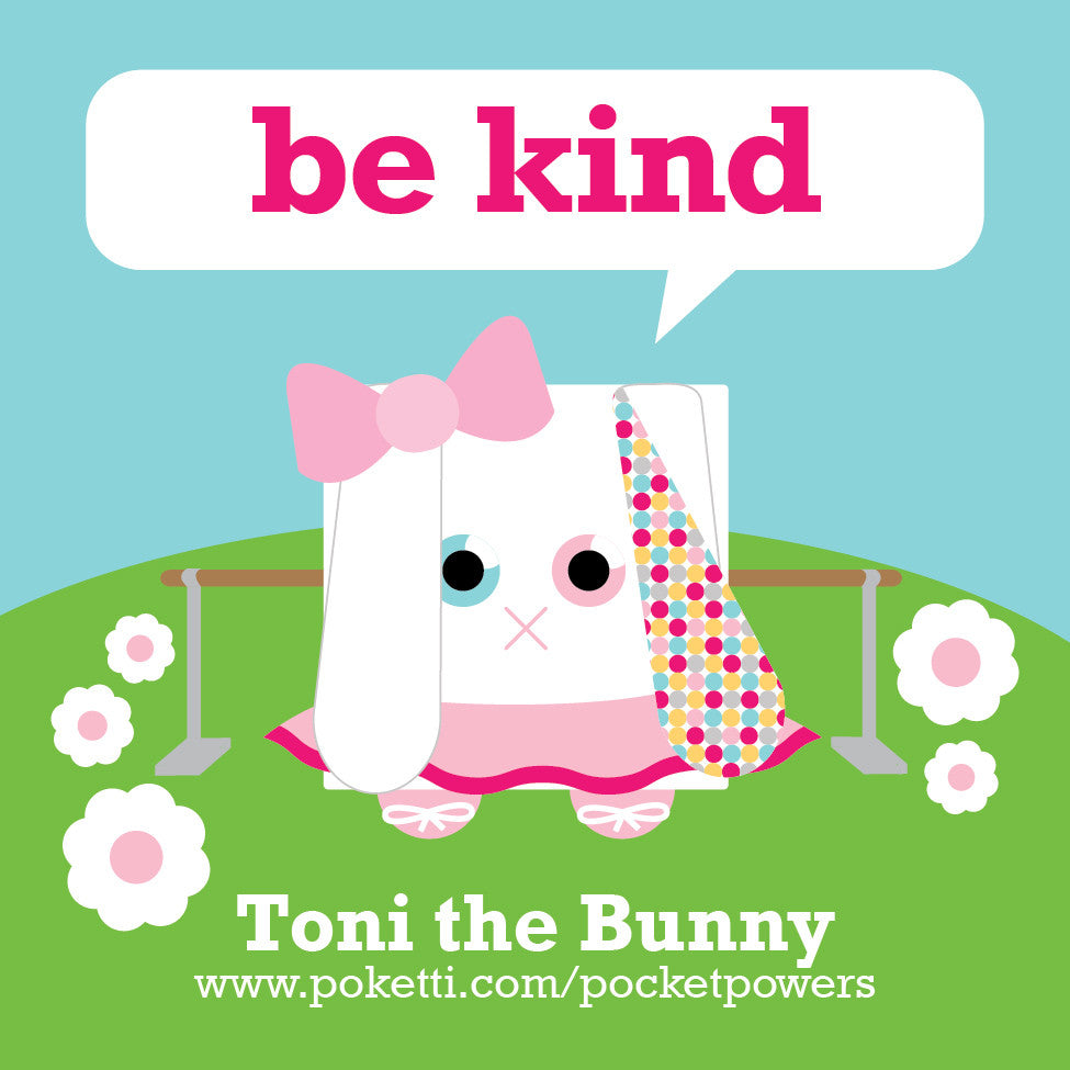 Poketti Bunny comes with Be Kind Pocket Power stickers in the back pocket
