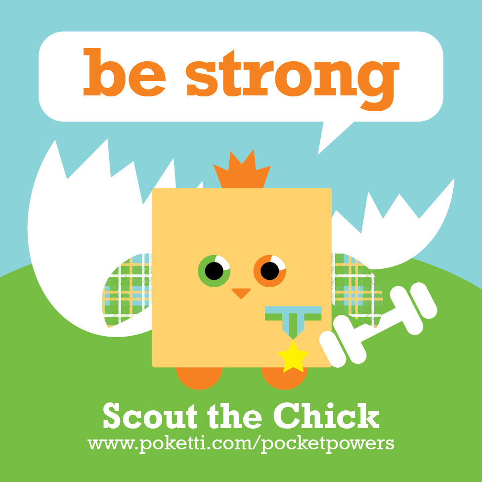 Poketti Plushies Scout the Chick inspires kids to Be Strong with stickers in the pocket