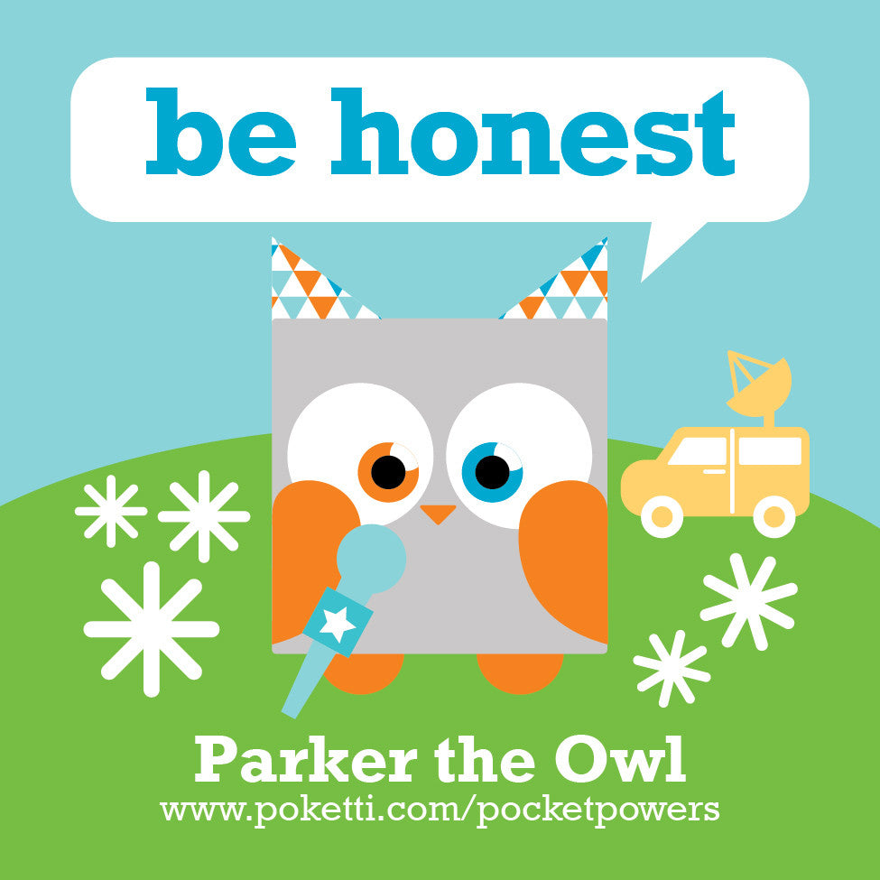 Poketti Owl comes with Be Honest Pocket Power stickers in the back pocket
