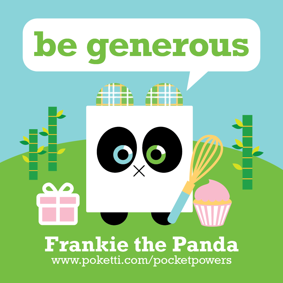 Poketti Frankie the Panda comes with Be Generous stickers in the back pocket