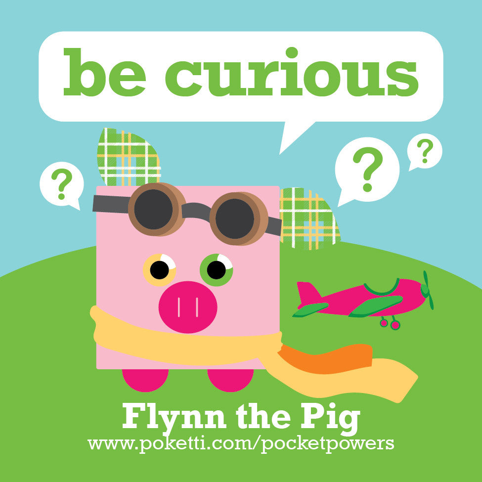 Plush toy pig comes with Be Curious stickers in the back pocket