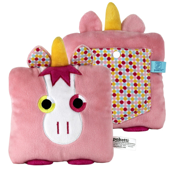 Plush toy unicorn stuffed animal with a useful back pocket