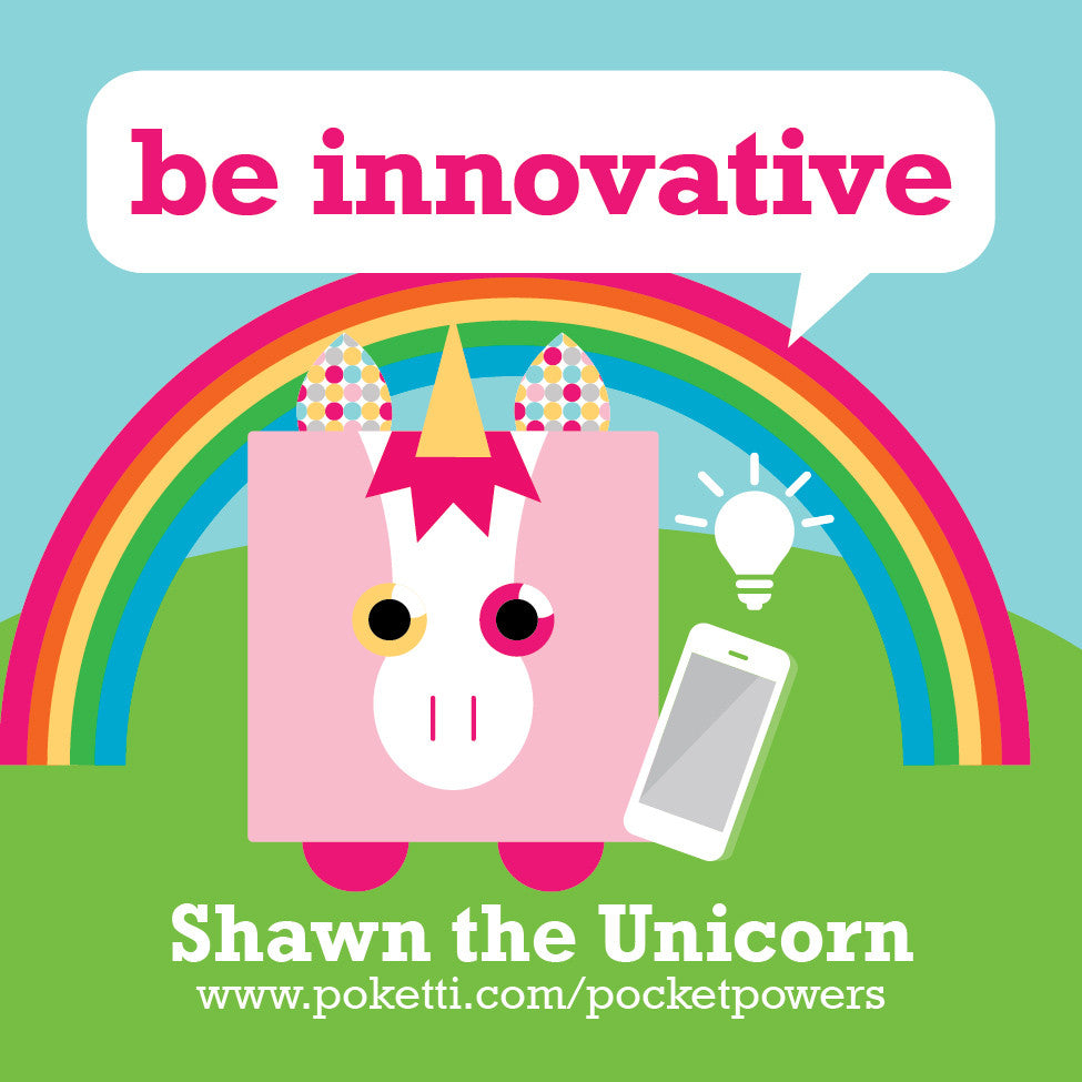 Poketti Shawn the Unicorn comes with Be Innovative stickers in the pocket